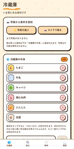 冷蔵庫の中身（写真からも足せる）